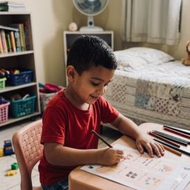 Criança fazendo atividade de inglês em casa